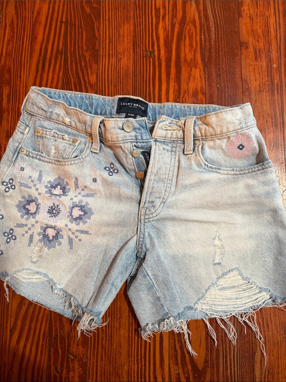 Lucky Brand Light Wash Denim Shorts with Pink & Purple Floral Embroidery